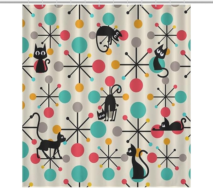 Mid Century Modern Cat Shower Curtain,Abstract Atomic Starburst Geometric Diamond Pattern Shower Curtains Set for Bathroom Fabric Decorative Bath Curtain Washable Curtain Hooks, 72x72 inch