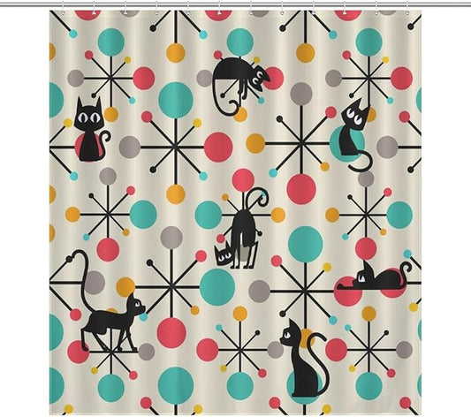 Mid Century Modern Cat Shower Curtain,Abstract Atomic Starburst Geometric Diamond Pattern Shower Curtains Set for Bathroom Fabric Decorative Bath Curtain Washable Curtain Hooks, 72x72 inch