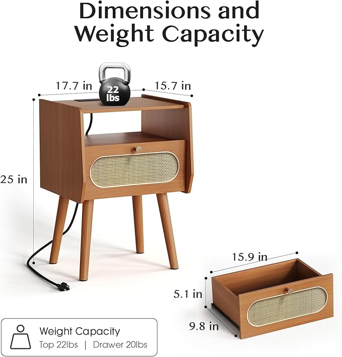 Night Stand Set 2, Rattan Nightstands Set of 2 with Charging Station, Mid Century Modern Bedside Table with Drawer, Boho End Table with Solid Wood Legs, Side Tables for Bedroom, Small Space, Cherry