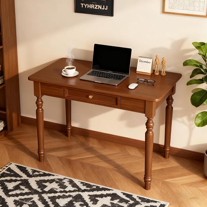 French Country Desk, 31.5 Inch Walnut Writing Desk with Drawers, Easy Assembly SXC-D776