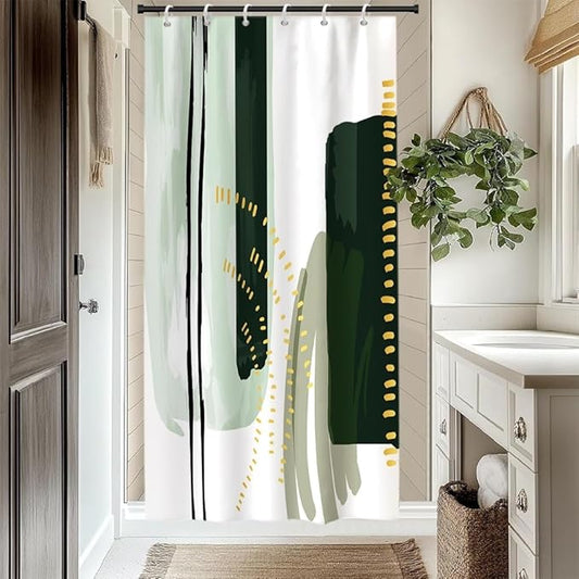 Abstract Geometric Shower Curtain for Bathroom Modern Minimalist Neutral Bathroom Decor Set Green Chic Boho Bathtub Curtain for Hotel Machine Washable Waterproof Polyester Fabric with Hooks 36x72 Inch