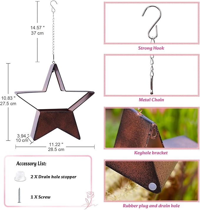 Metal Plant Hangers Indoor and Outdoor: Valentines Day Gifts for Her Wife Women Mom Garden Lovers Birthday - Star Shape Hanging Planters for Window Wall Living Room Office Decor(Rustic)
