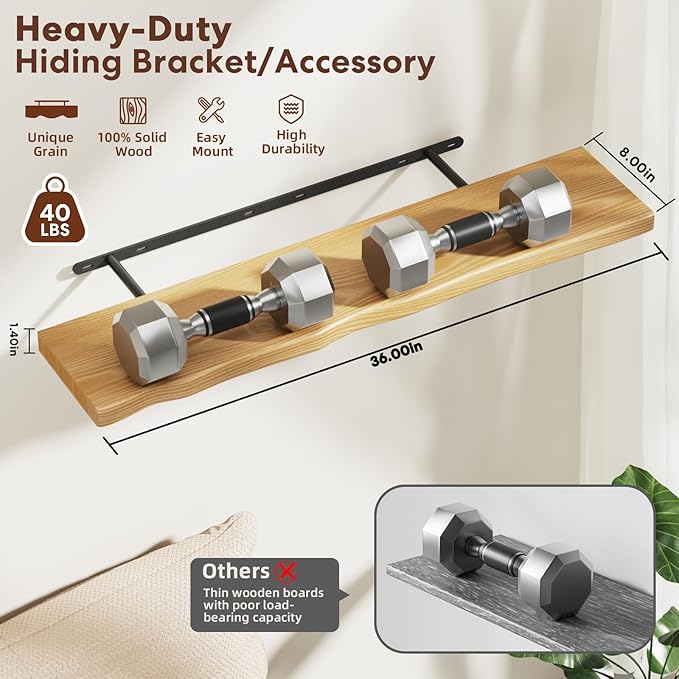 Floating Shelves for Wall Rustic Farmhouse 36 Inch Floating Shelf Bathroom Wooden Shelves for Wall Mounted Live Edge Pine Shelf with Unique Natural Grain for Living Room Bedroom Kitchen (Natural)