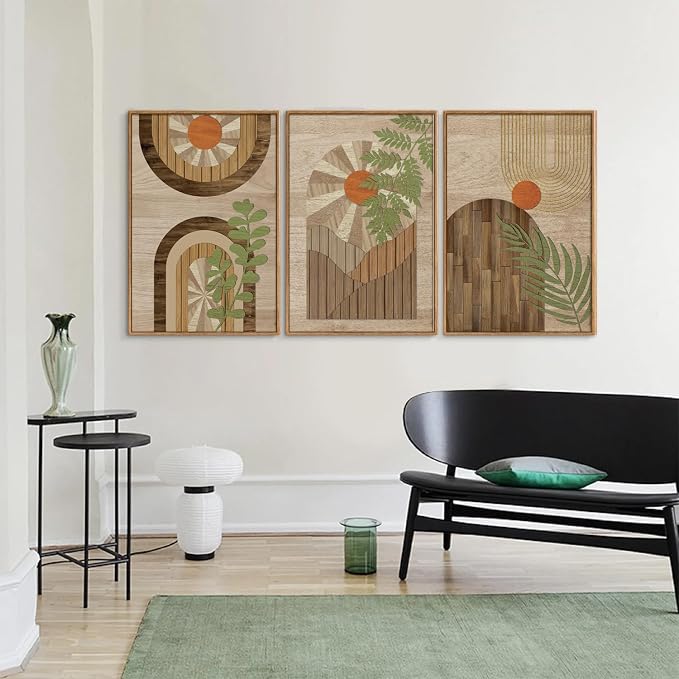 KYLESONLIE Mid Century Modern Framed Canvas Wall Art Set, Boho Wood Geometric Panel Wall Decor, Rustic Wooden Arch Art Painting, Pastel Sage Green Leaf Artwork for Living Room Bedroom Office 16"x24"x3