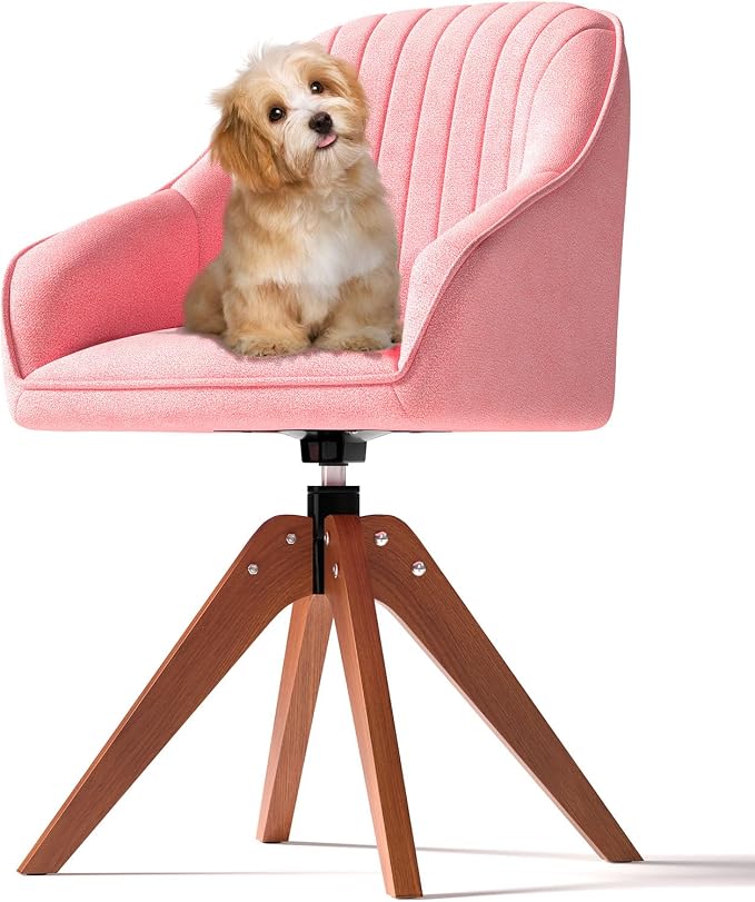 OS MOTOR Modern Swivel Accent Chair with Arms, Upholstered Desk Chair No Wheels, Mid-Century Fabric Armchair with Oak Wood Legs for Home Office, Bedroom, Vanity, Pink
