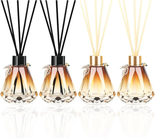 Reed Diffuser, Reed Diffuser Empty Bottles with 20pcs Reed Diffuser Sticks, Delicate Gold Leaf Decor, Glass Fragrance Diffuser Set with lids for Home… (Black+Gold, 4PCS)