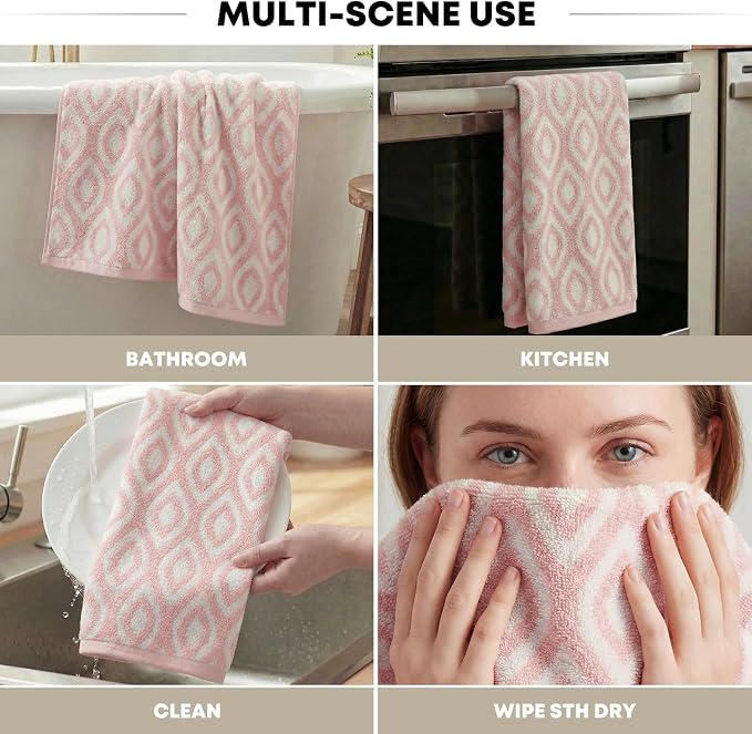 Artoid Mode 1 Pc Beige Pink Diamond Grid Jacquard Hand Towels for Bathroom, 100% Cotton Soft Absorbent Bathroom Decor Towels, 13.7 x 29.5 Inch