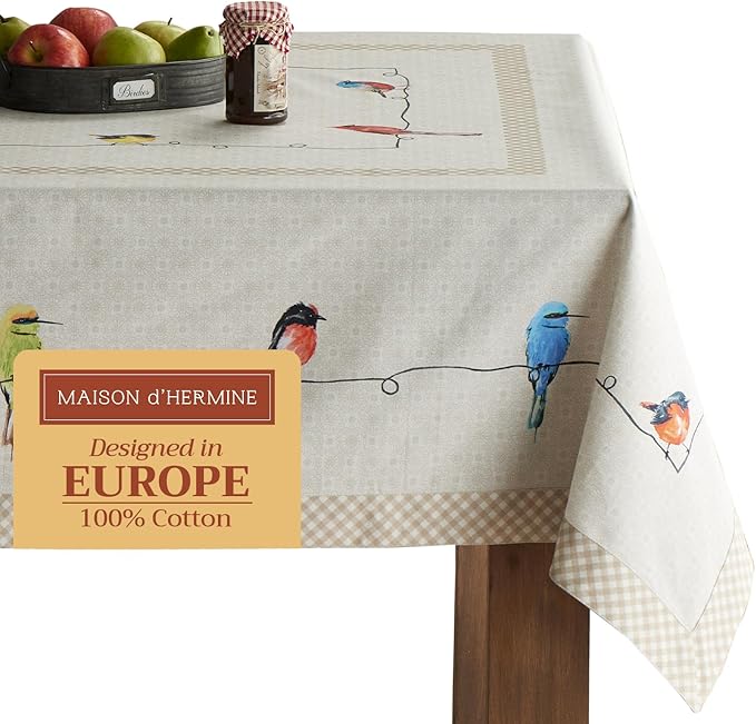 Maison d' Hermine Table Cloth Rectangle Table 100% Cotton 70 x 120 Inches Tablecloth Reusable Decorative for Dining Room Farmhouse Home Valentines Day Decorations Spring Summer - Birdies on Wire