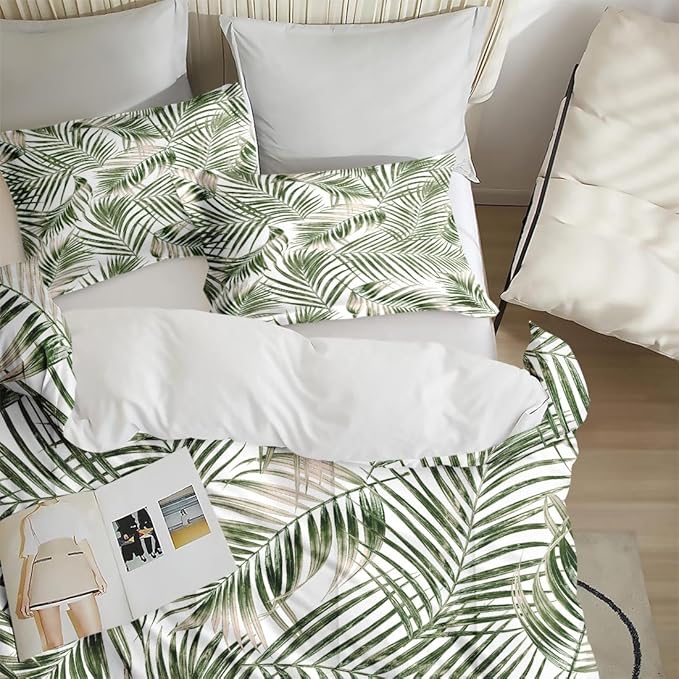 Comforter Set with 2 Pillowcases Queen Size, Tropical Palm Tree Fronds Green Leaves, Bed Decor Botanical Plant Palm Leaf for Kids and Adults, Soft Cozy Bedroom Bedding Set