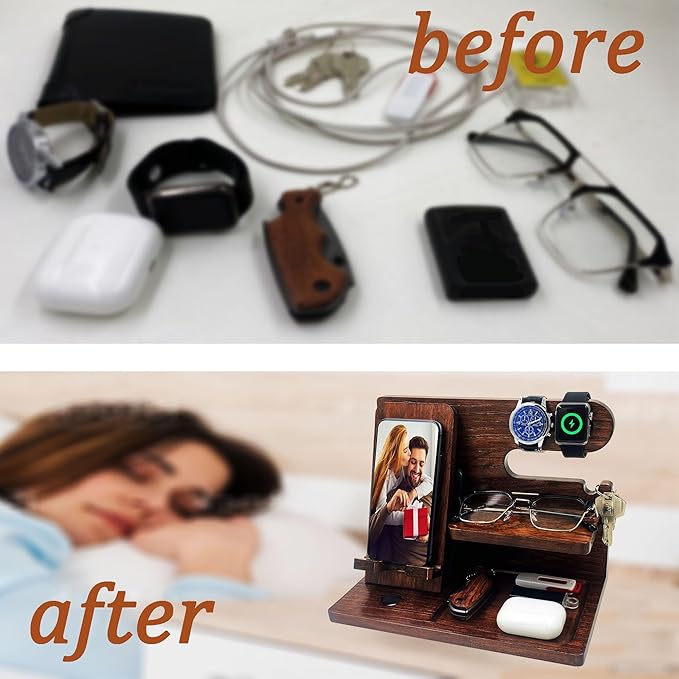 VEIYAILU Walnut Wood Phone Docking Station Nightstand Organizer for Men, Gifts for Him, Boyfriend, Dad, Husband, Brother, Son, Anniversary, Birthday, Christmas, Father's Day