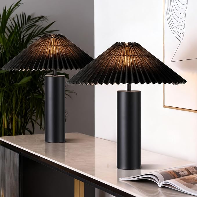 Modern Table Lamp with Metal Blade Lampshade and Cylindrical Base, E26 Bulb Compatible, Contemporary Accent Light for Living Room, Bedroom, Office (Black)