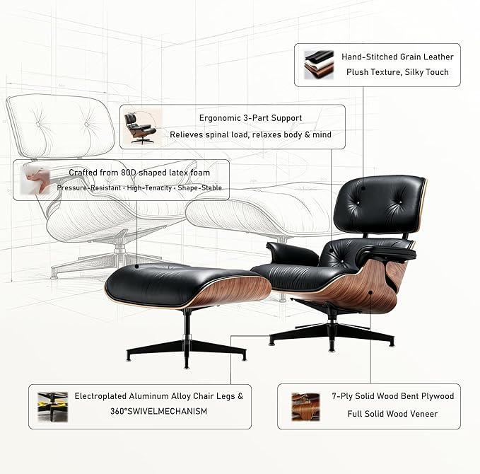 Mid Century Chaise Lounge Chair with Ottoman, Modern Retro Classic Design, PU Leather & Walnut Wood, Heavy Duty Metal Support, Comfortable for Living Room Bedroom Office（Black-Premium）