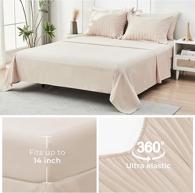 HYMOKEGE Beige California King Comforter Set Seersucker 7 Pieces, All Season Luxury Bed in a Bag for Bedroom, Bedding Set with Comforters, Sheets, Pillowcases & Shams