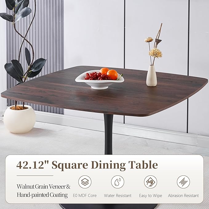 Square Dining Table,42.1" Tulip Table with Metal Pedestal,15-Minute Quick Assembly,Mid Century Modern Leisure Table for Kitchen Small Places Cafe (Faux Walnut)