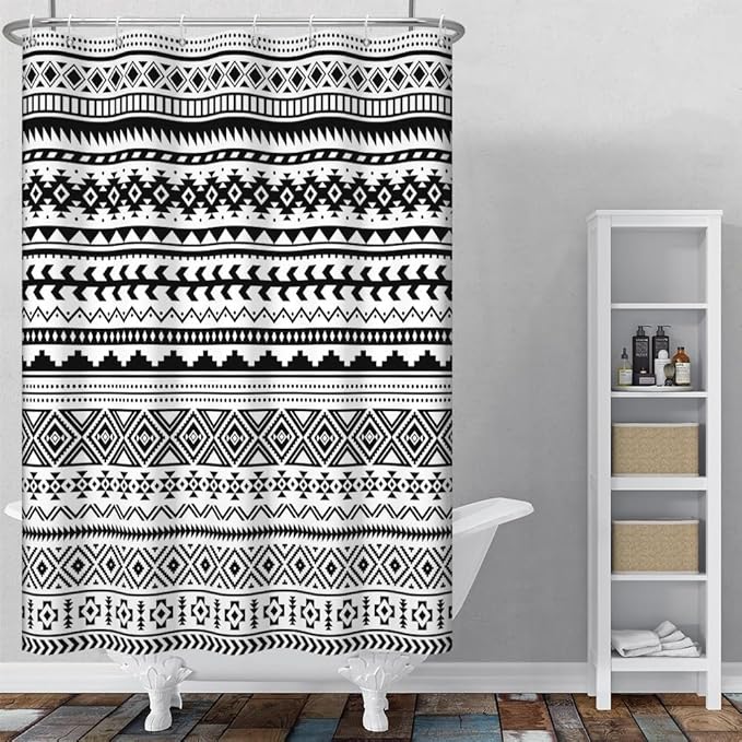 Bohemian Black White Shower Curtain for Bathroom Boho Geometric Shower Curtains Modern Abstract Aesthetic Bathroom Decor Set Washable Waterproof Polyester Fabric with Hooks 48x72 Inch