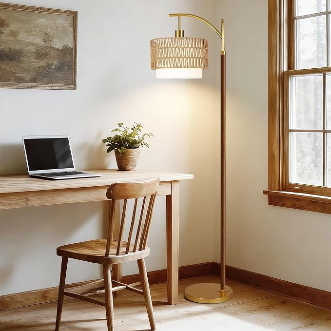 ILLMTW Rattan Floor Lamp for Living Room,Bedroom,Boho Wood Standing Lamp with Remote Dimmable,Vintage Mid Century Modern Gold Tall Lamp Wicker Lamp Shade Floor Lights Bohemian Tiffany Style