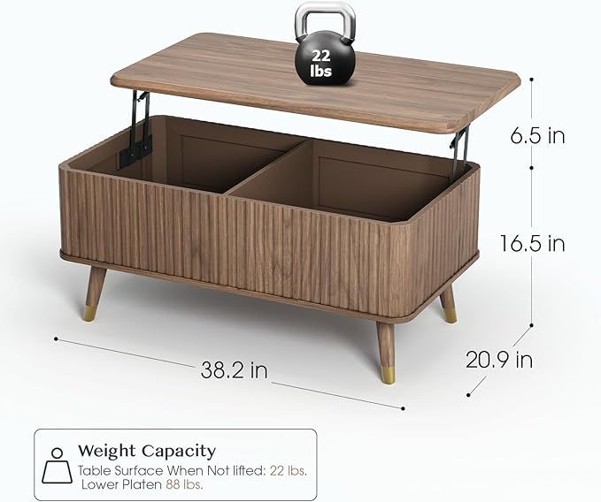 Lift Top Coffee Table with Storage, Mid Century Modern Rectangular Center Table, Fluted Design with Hidden Compartment, Rising Desk for Work from Home, Living Room Furniture, Walnut Finish