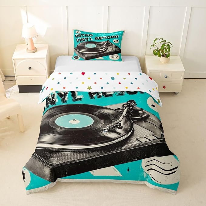 Erosebridal Retro Music Toddler Duvet Cover for Boys Men - Retro Vinyl Record Bedding Set Vintage Nostalgic Music Comforter Cover,Rustic Musical Notes Bed Set