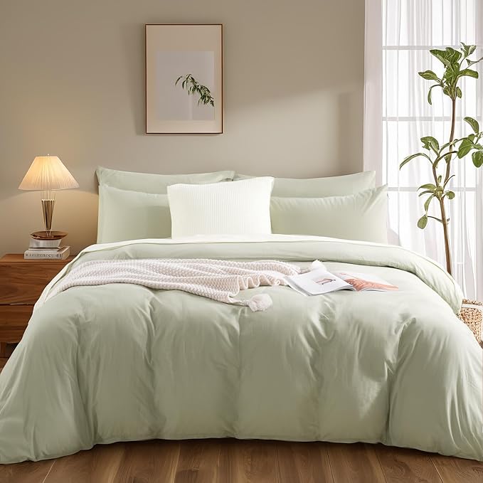 NEXHOME PRO Full Duvet Cover Set – 100% Certified Organic Cotton with Washed Feel & Linen-Like Texture, Comfortable & Breathable, Home Bedding Set Sage Green (No Comforter)