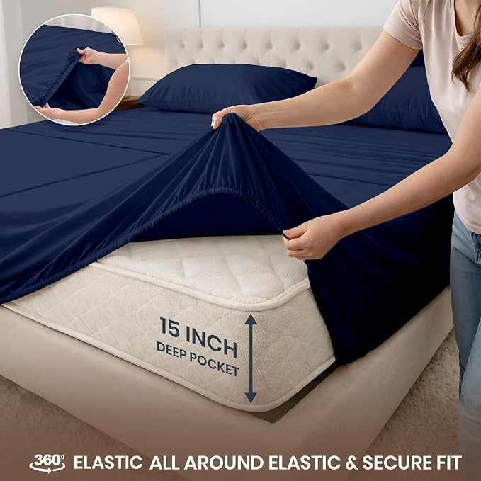 SGI Split King Sheet Set for Adjustable Bed Egyptian Premium Cotton 600 Thread Count Sheets for Sleep Number Bed 15" Deep Pocket 5 Pc Set with 2 Twin XL Fitted Sheets Soft Breathable -Navy Blue