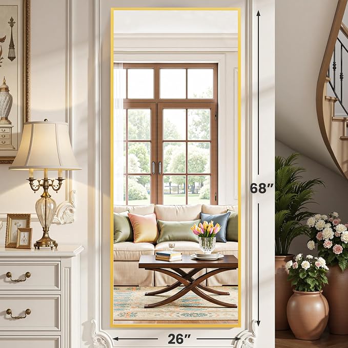OLIXIS Full Length Mirror for Bedroom, 68"x26" Full Body Mirror with Stand, Hanging or Leaning for Wall, Aluminum Alloy Thin Frame Floor Standing for Living Room, Long, Gold