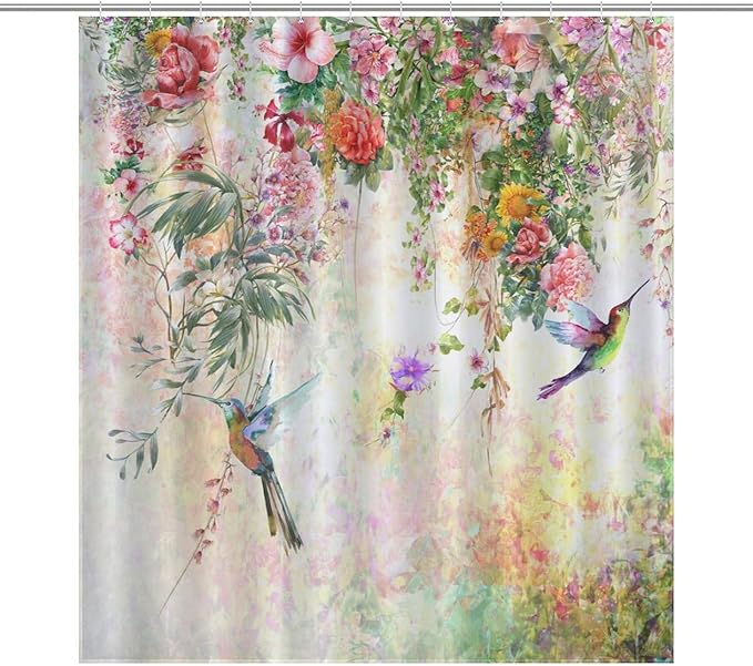 Watercolor Flowers Hummingbird Shower Curtain,Watercolor Floral with Tropical Flower Bird Butterfly Spring And Summer Waterproof Shower Curtains for Bathroom Decor 12 Pack Hooks 66x72in（168x183cm）