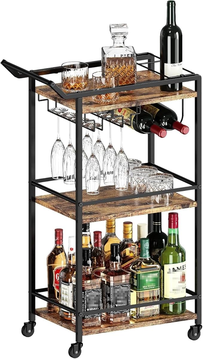 LOTEYIKE 3 Tier Bar Cart, Mini Liquor Utility Cart for Wine Beverage Dinner Party, Rolling Wine Coffee Drink Serving Cart with Lockable Wheels for Home Kitchen Bars (Rustic Brown)