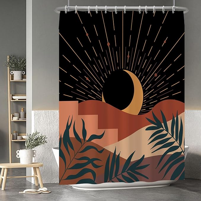 Baocicoo Boho Abstract Moon Shower Curtain - Mid Century Sunset Mountain Design, Minimalist Aesthetic, Waterproof, 72x96 Inches