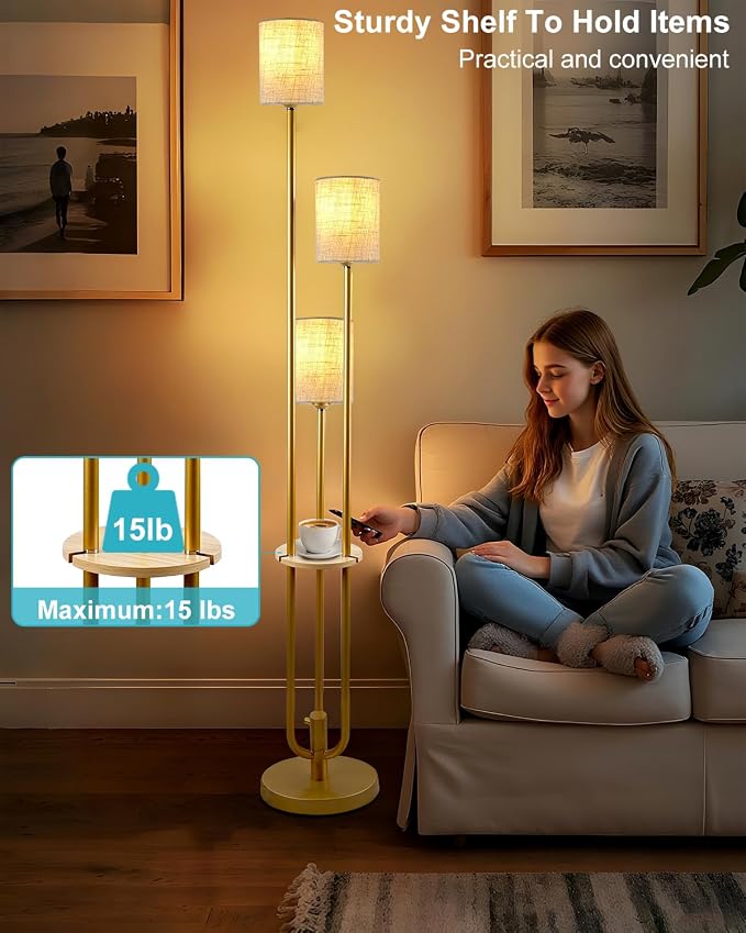 Lightdot 64Inch Floor Lamp with Table Dimmable Gold Floor Lamp for Living Room 3 Lights Mid Century Modern Tall Standing Lamp with Fabric Shade for Bedroom/Sofa Beside/Corner Decor(Bulbs Included)
