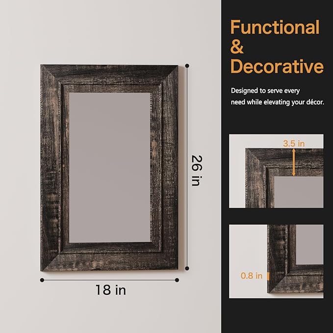 Rustic Wall-Mounted Vanity Mirror, Solid Wood Frame Bathroom Mirror, Farmhouse Style for Living Room, Bedroom, Entryway, Horizontal/Vertical Hanging