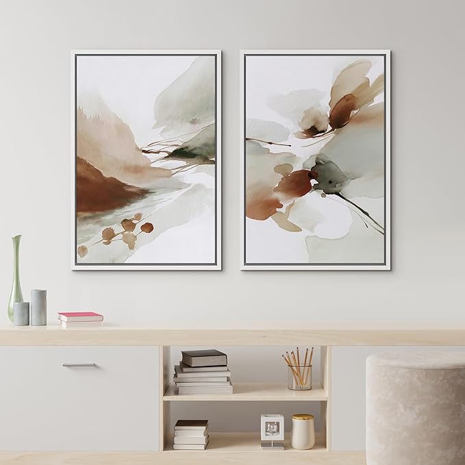 IDEA4WALL Framed Canvas Print Wall Art Set Earth Tone Watercolor Abstract Minimalist Nature-Inspired Illustrations Modern Art Decorative Calm/Zen for Living Room, Bedroom, Office - 24"x36"x2 White