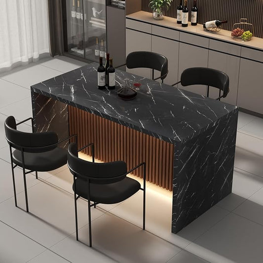 63" Large Imitation Marble Dining Table for 4-6 People(Patent Pending),Island Table with LED Lights,Mordern Marble Stripes Kitchen Dining Table with Grille design for Dining Room,Living Room (Black)