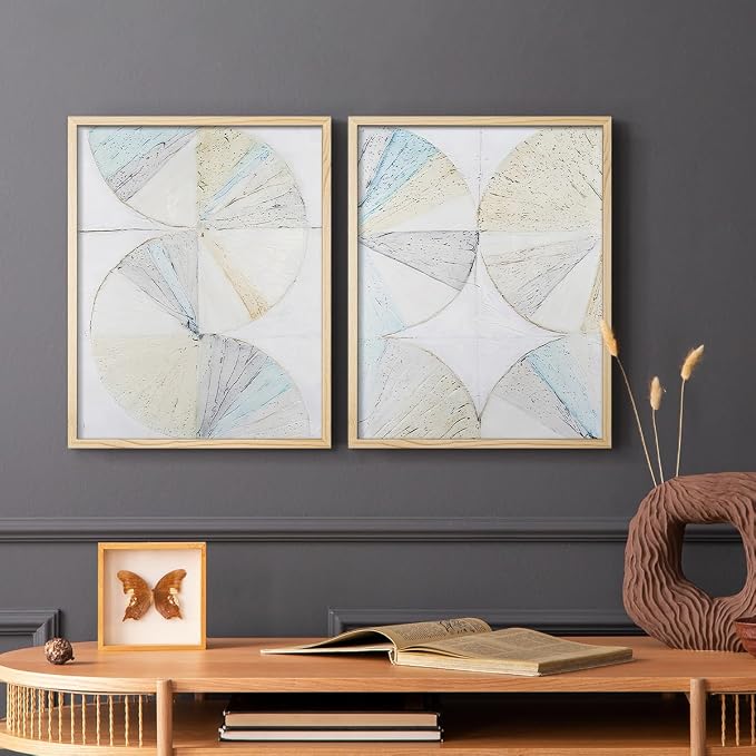 Renditions Gallery Set of 2 Peel & Stick Framed Prints, Geometric Abstract Wall Art, Pie Chart Color Wheels Wall Decor, Re-Stickable - Ready to Hang - 16"x20" - NATURAL WOOD Frame LT588