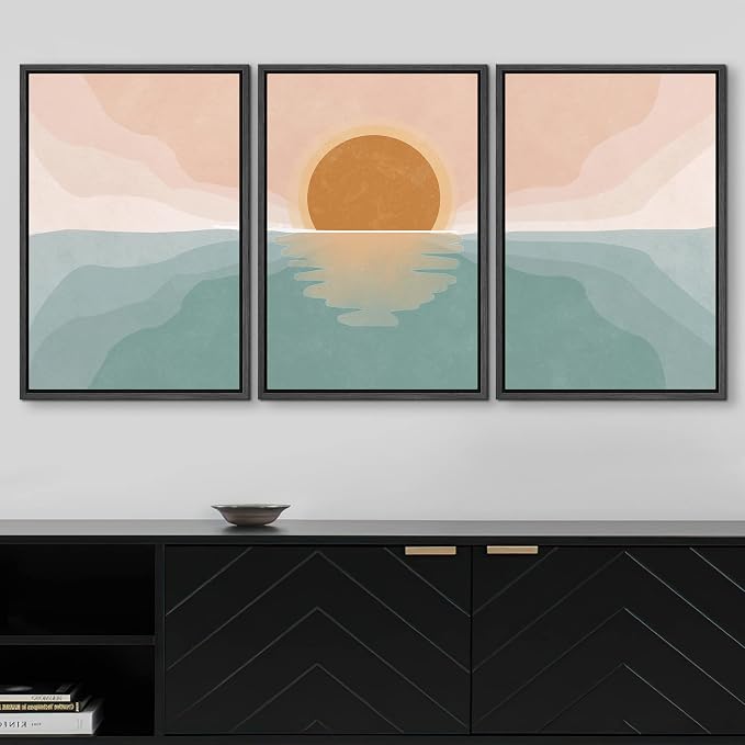 wall26 Framed Canvas Print Wall Art Set Pastel Mountain Range Forest Dawn Abstract Nature Illustrations Modern Art Nordic Decorative Minimal Boho for Living Room, Bedroom, Office - 16"x24"x3 Black