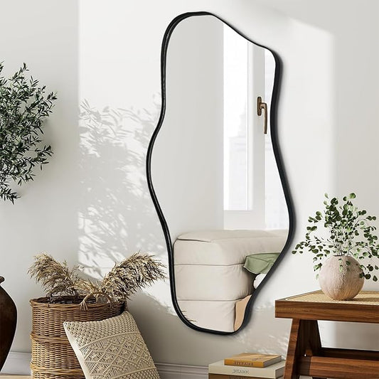 Irregular Wall Mirror, 47"x25" Asymmetrical Aesthetic Mirror with Black Metal Frame, Organic Mirrors for Entryway Hallway Living Room Bathroom Bedroom, Horizontal or Vertical Hanging