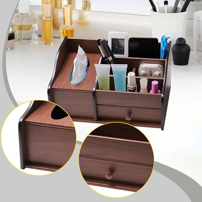 Fenteer Wood Desk Organiser with Drawer, Desk Tidy Container Case Vintage Design Tissue Box Cover Pen Holder for Living Room Counter