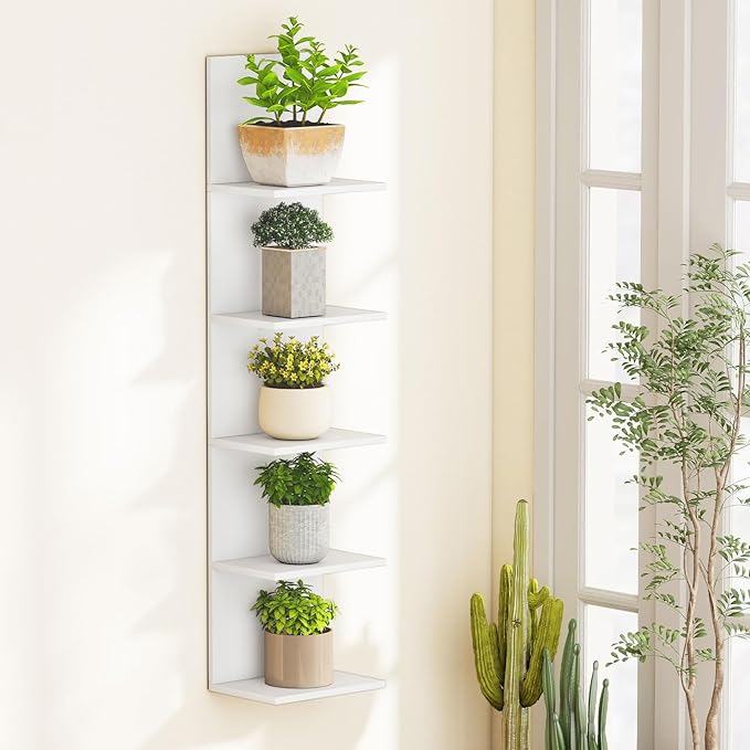 LOKO 5-Tier Wall Shelf, Vertical Column Storage Organizer with Expansion Screws, Decorative Wall Mounted Shelving, Floating Wooden Display Shelf for Living Room, Kitchen, Bathroom (2,White)