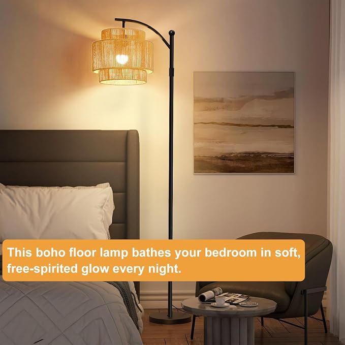Vinaco Adjustable Height Floor Lamp Rattan 3 Color Temperature,Dimmable Tall Boho Floor Lamps with Remote & Foot Switch, Rotating Lamp Shade Wicker Arc Standing Lamp for Living Room Bedroom Lights