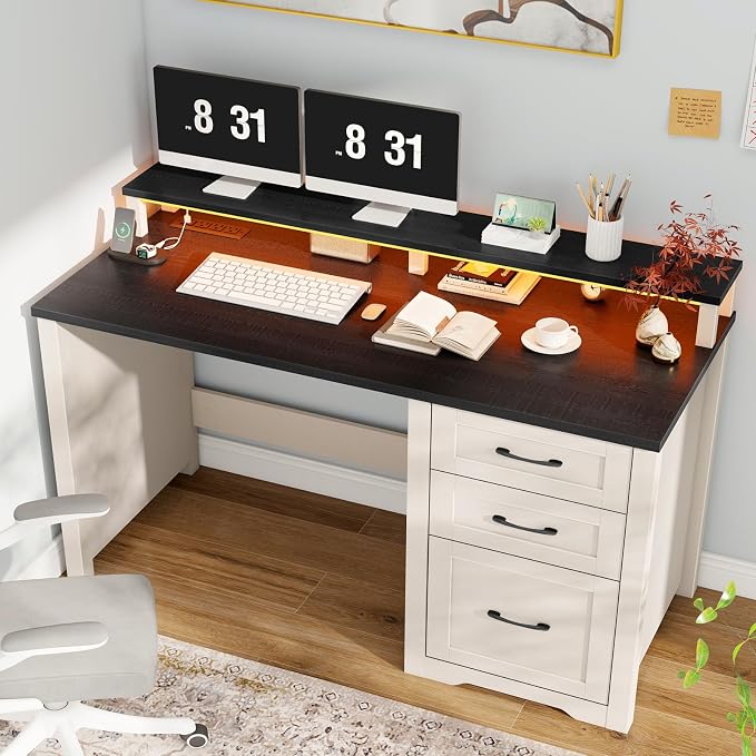 Vabches 47" Farmhouse Executive Desk with Monitor Stand & File Cabinet,3 Drawers Computer Desk with LED Lights and Power Outlets,Workstation for Home Office, Study,Writing,Black