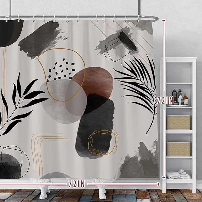 Baocicco Boho Shower Curtain Black Grey Plants Leaves Mid Century Modern Abstract Curtains Decorative for Bathroom Waterproof Fabric with Hooks 72x72 Inches, 72.00/'' x 72.00/''
