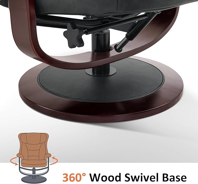 MCombo Oversized Swivel Recliner Chair with Ottoman, Adjustable Backrest, 360° Wood Base, High Seat, Faux Leather Lounge Chair for Tall Users in Living Room, Bedroom, or Office 4651 (Dark Grey)