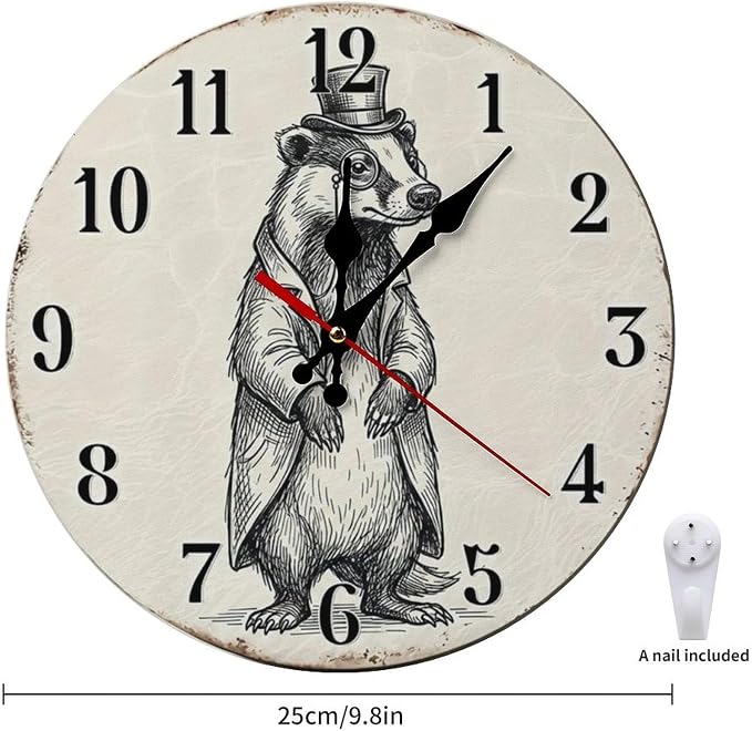 Dapper Badger Vintage Wooden Wall Clock Silent Non Ticking - Frameless Battery Operated Decor for Living Room, Kitchen, Office, Bedroom, Unique Gift Idea
