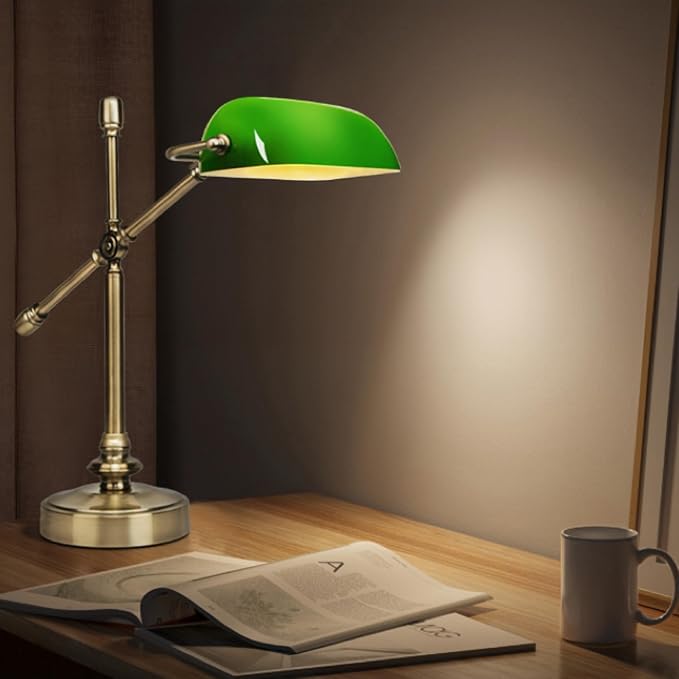 FIRVRE Green Bankers Desk Lamp, Dimmable Retro LED Desk Lamp with Charging Function, Touch Adjustable Dimming E26 Lamp, Retro Style Reading Light for Study, Home Office, Living Room(1Bulb Included)