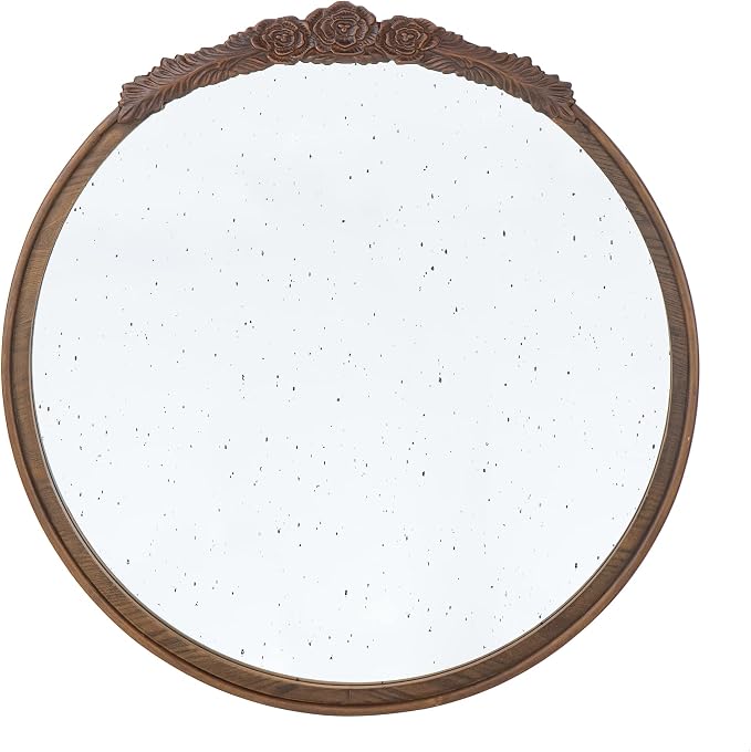 A&B Home Round Wood Mirror - 30" Circle Mirror with Hand Carved Antique Mirror Frame,Bathroom Living Room Bedroom Entryway Vanity Mirror, Dark Brown