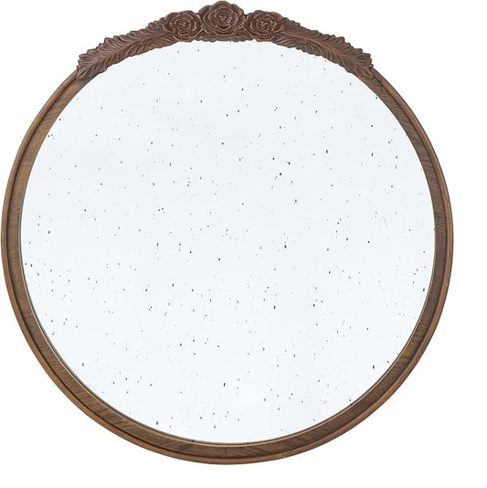 A&B Home Round Wood Mirror - 30" Circle Mirror with Hand Carved Antique Mirror Frame,Bathroom Living Room Bedroom Entryway Vanity Mirror, Dark Brown