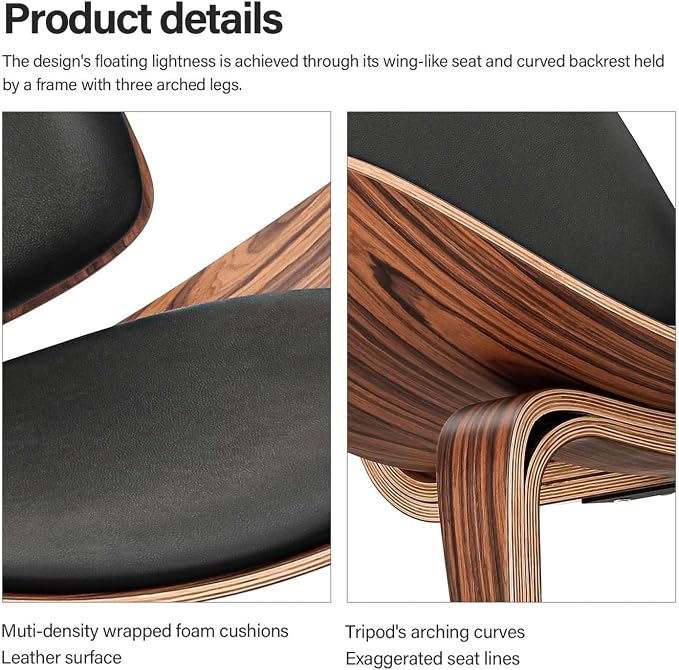 Mid Century Modern Shell Lounge Chair, PU Leather, Tripod Plywood Classic Design Solid Wood Accent Chairs for Living Room, Reading, Lounge, Office, Salon