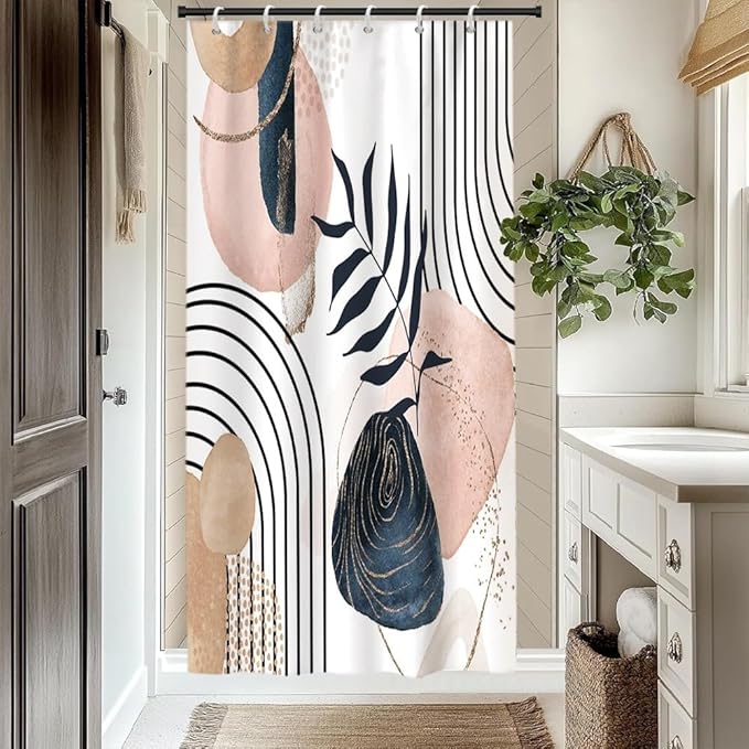 Modern Bohemia Shower Curtain for Bathroom Abstract Minimalist Bathroom Set Decor Stripes Palm Leaves Chic Aesthetic Washable Waterproof Polyester Fabric with Hooks 36x72 Inch