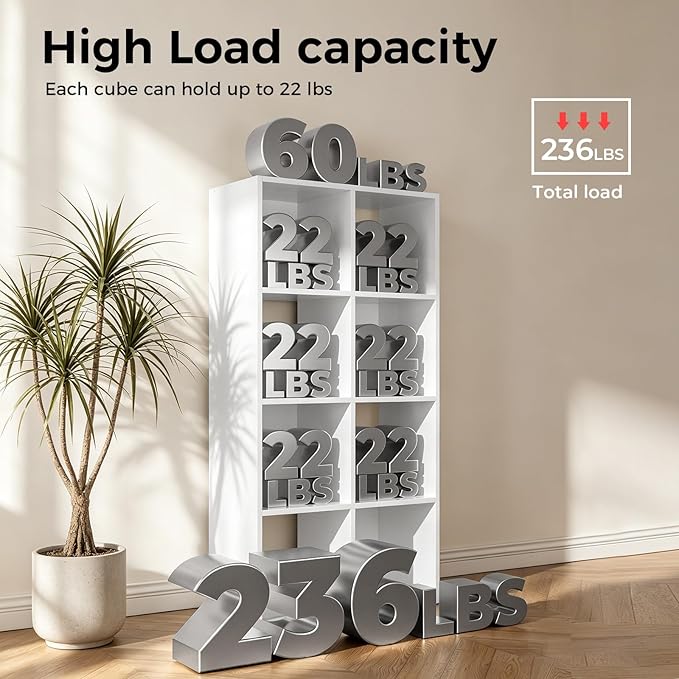 LUCKLIFE 8-Cube Storage Organizer, Stackable Modular Bookcase Shelf with Vertical or Horizontal Use, Fits 11×11" Bins, Optional Back Panels, for Living Room, Office, Off White