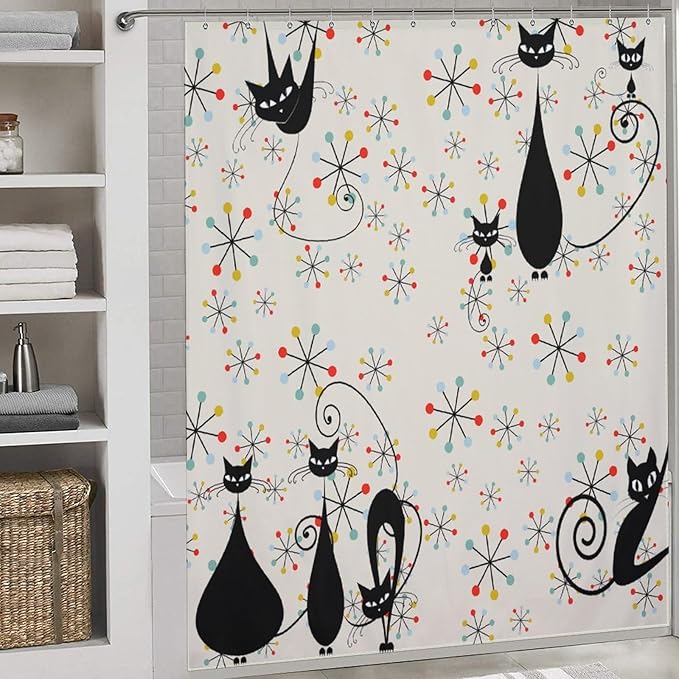 Mid Century Black Cat Shower Curtain,Atomic Cat Modern Abstract Geometric Iconic Pattern 1950s Vintage Funny Decor Fabric Bathroom Curtain with Hooks 72x72in（183x183cm）