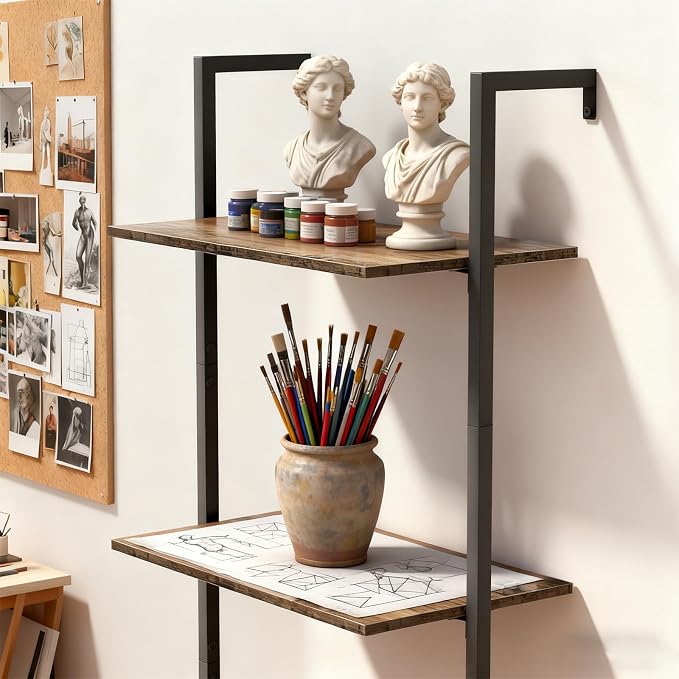 4 Tier Industrial Ladder Bookshelf 15.74" Dx9.44 Wx49.99 H, Wall Mounted Bookcase with Metal Frame for Home Office, Living Room, Study，Brown